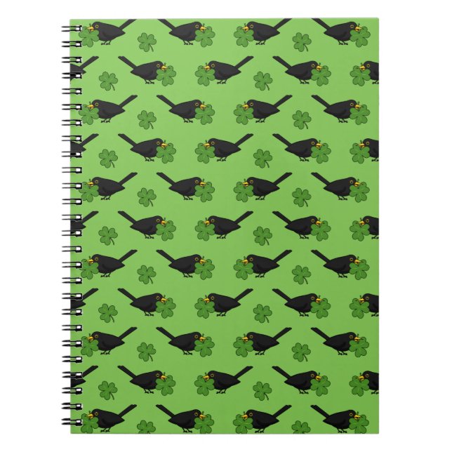 Cute Blackbird with Shamrock Clover Cartoon Notebook (Front)