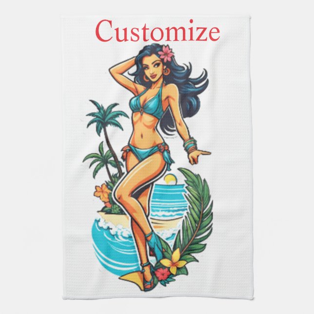 Cute Blackhaired Bikini Beach Girl Thunder_Cove Tea Towel (Vertical)