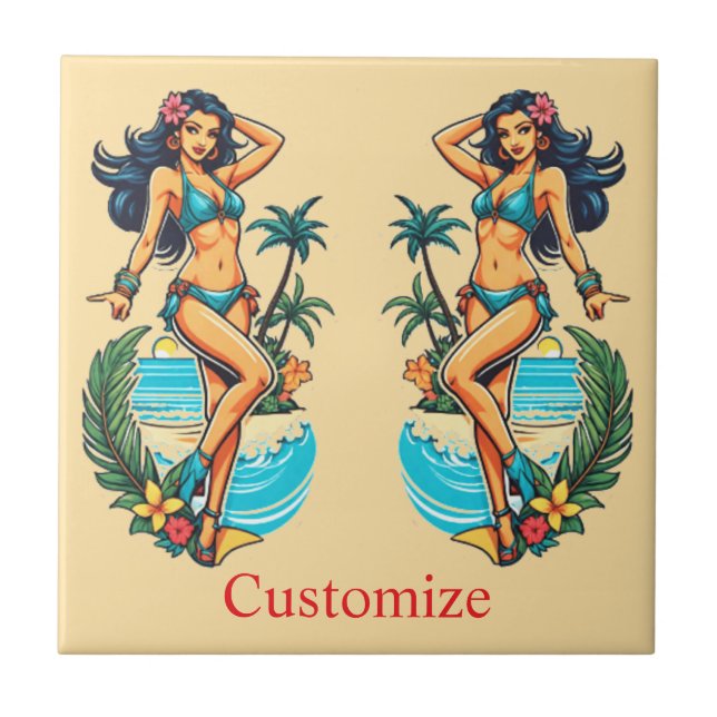 Cute Blackhaired Bikini Beach Girl Thunder_Cove Tile (Front)