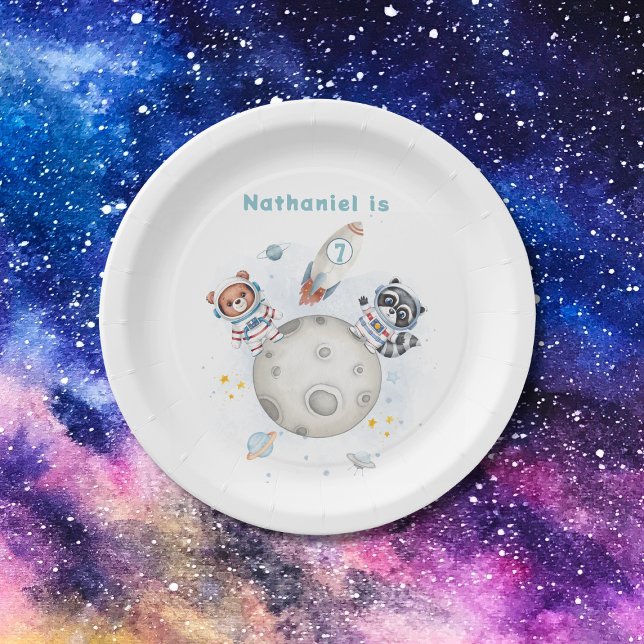 Cute blast off space themed birthday paper plate (Creator Uploaded)
