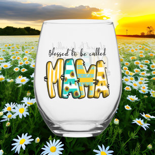 Cute blessed Mama word art Stemless Wine Glass