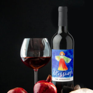 Cute Blessings Blue Sky Guardian Angel Watercolor Wine Label