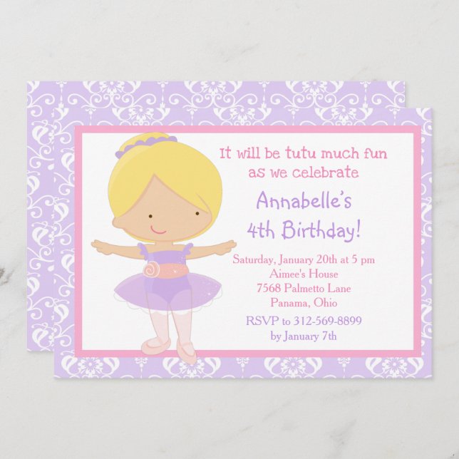 Cute Blonde Ballerina and Purple Damask Invitation (Front/Back)
