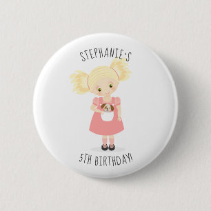 Cute Blonde Birthday Girl and Puppy 6 Cm Round Badge