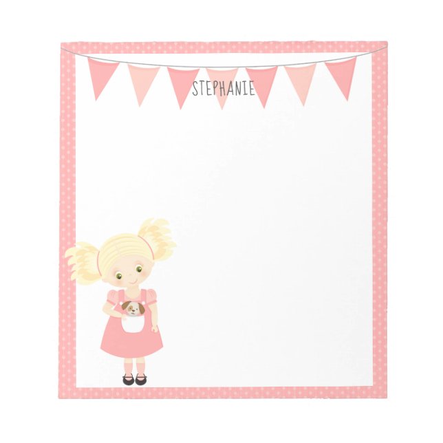Cute Blonde Birthday Girl and Puppy Notepad (Front)