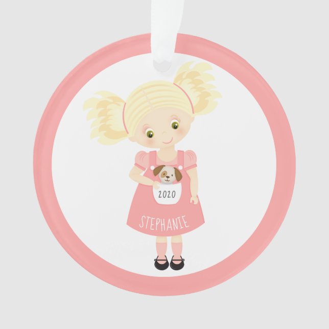 Cute Blonde Birthday Girl and Puppy Ornament (Front)