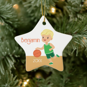 Cute Blonde Boy Basketball Personalised Christmas Ceramic Tree Decoration