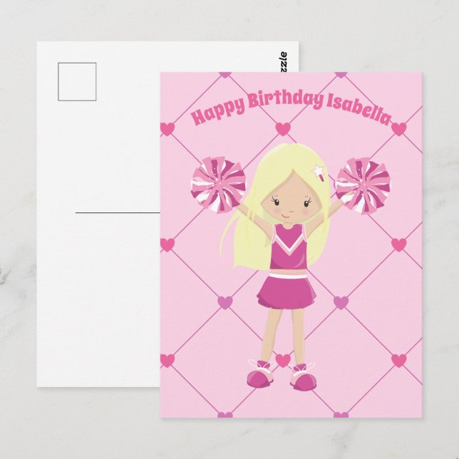 Cute Blonde Cheerleader Custom Pink Girls Birthday Postcard (Front/Back)