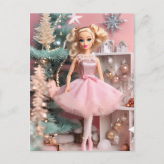Cute Blonde Doll Pink Retro Christmas  Postcard