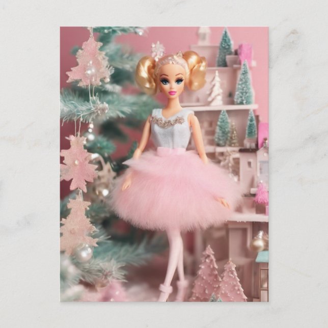 Cute Blonde Doll Pink Retro Christmas  Postcard (Front)