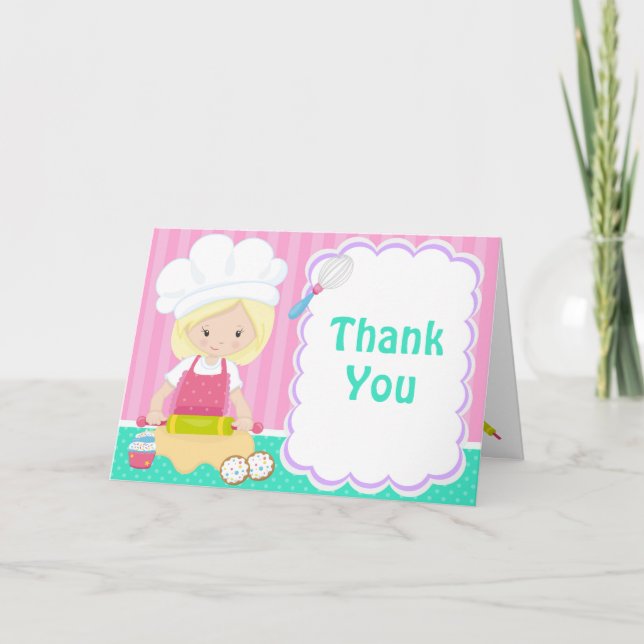 Cute Blonde Girl Baking Birthday Party Thank You Card (Front)