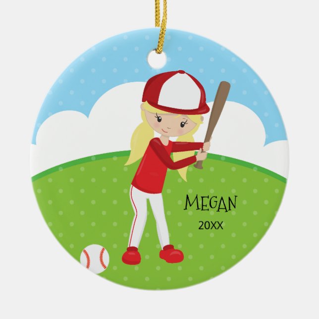 Cute Blonde Girl Baseball Personalised Christmas Ceramic Tree Decoration (Front)