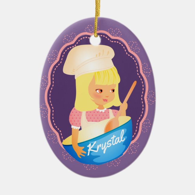 Cute blonde girl chef baker personalised Christmas Ceramic Tree Decoration (Front)