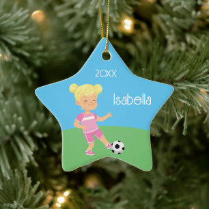 Cute Blonde Girl Soccer Player Ceramic Tree Decoration