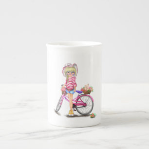 Cute Blonde Girl with Pink Bike and Cat in Flowers Bone China Mug
