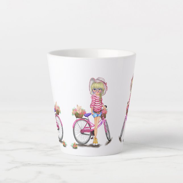 Cute Blonde Girl with Pink Bike and Cat in Flowers Latte Mug (Front)