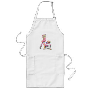 Cute Blonde Girl with Pink Bike and Cat in Flowers Long Apron