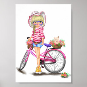 Cute Blonde Girl with Pink Bike and Cat in Flowers Poster
