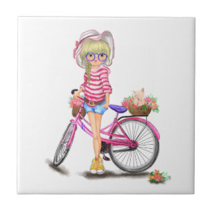 Cute Blonde Girl with Pink Bike and Cat in Flowers Tile
