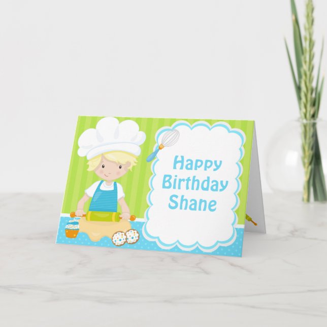 Cute Blonde Hair Boy Baking Birthday Party Card (Front)
