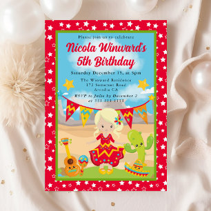 Cute Blonde Haired Girl Fiesta Kids Birthday Invitation