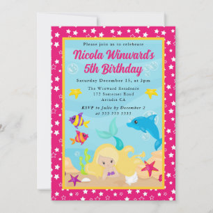 Cute Blonde Haired Mermaid Kids Birthday Invitation
