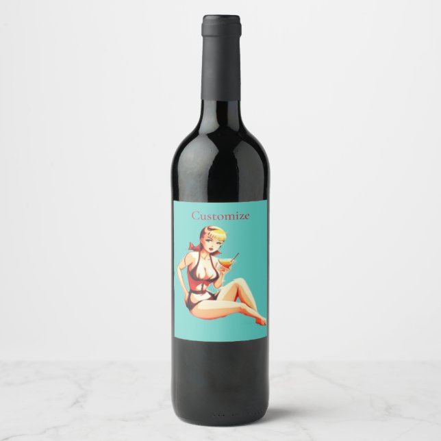 Cute Blonde Martini Bikini Girl Thunder_Cove  Wine Label (Front)