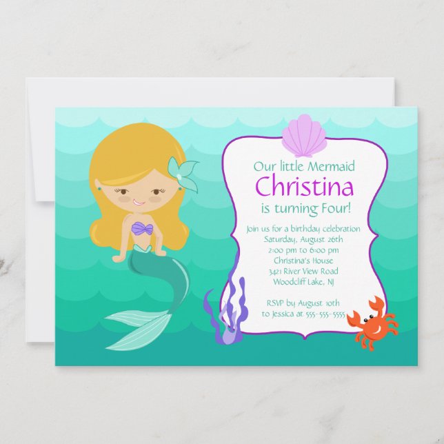 Cute Blonde Mermaid Birthday Invitation (Front)