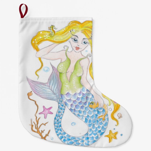 Cute Blonde Mermaid Large Christmas Stocking (Front)