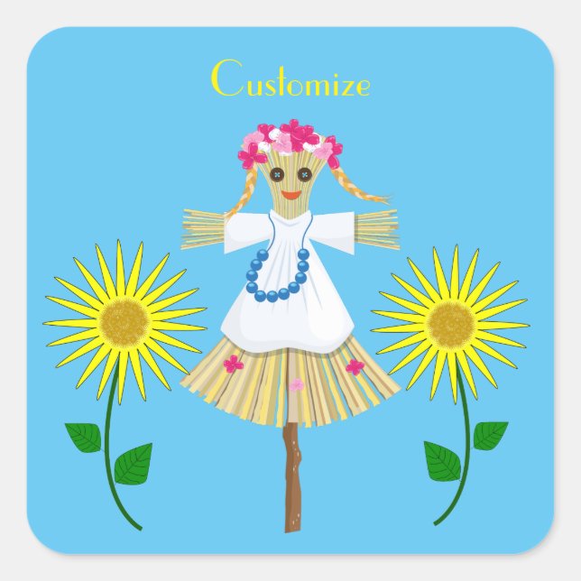 Cute Blonde Pigtails Scarecrow  Square Sticker (Front)
