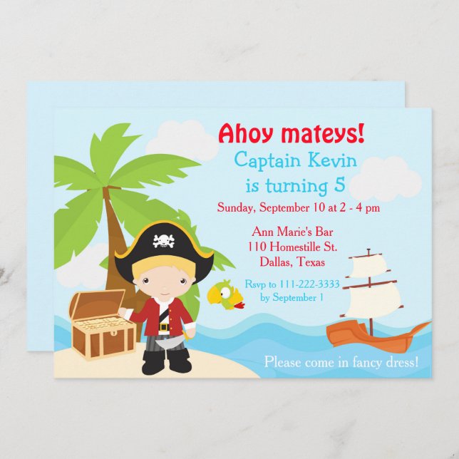 Cute Blonde Pirate Boy Birthday Party Invitation (Front/Back)