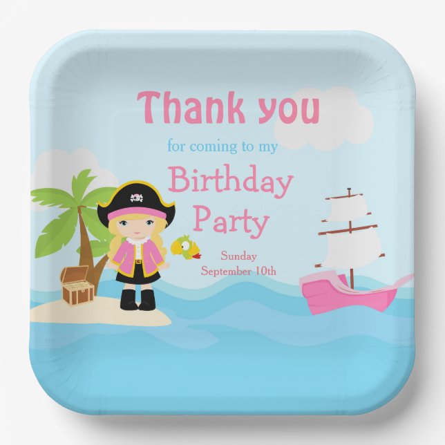 Cute Blonde Pirate Girl in Pink Birthday Party Paper Plate (Front)