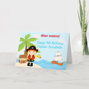 Cute Blonde Pirate Girl in Red Birthday Party Card