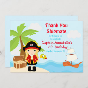 Cute Blonde Pirate Girl in Red Birthday Party Thank You Card
