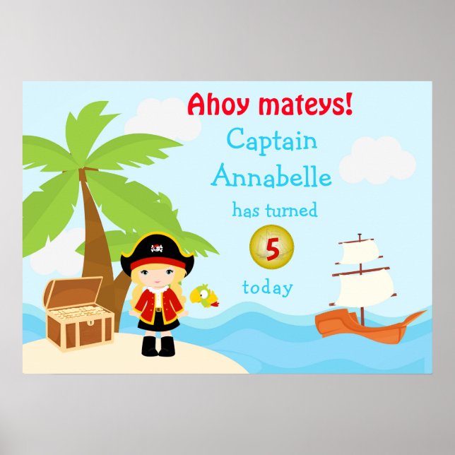 Cute Blonde Pirate Girl in Red Birthday Poster (Front)