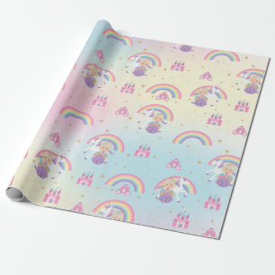 Cute Blonde Princess and Unicorn Rainbow Birthday Wrapping Paper