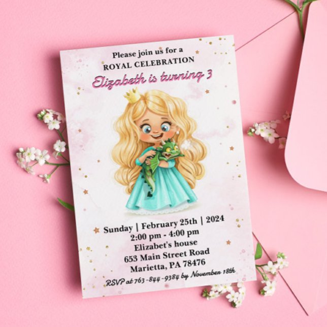 Cute Blonde Princess with a Dragon Birthday Party Invitation (Creator Uploaded)
