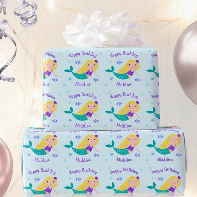 Cute Blonde Purple Mermaid Personalised Birthday Wrapping Paper (Creator Uploaded)