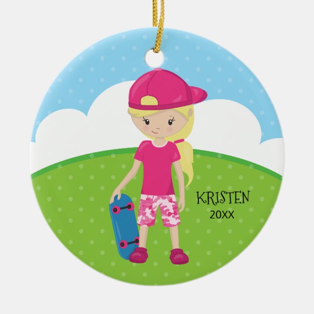 Cute Blonde Skateboard Girl Personalised Christmas Ceramic Tree Decoration (Front)