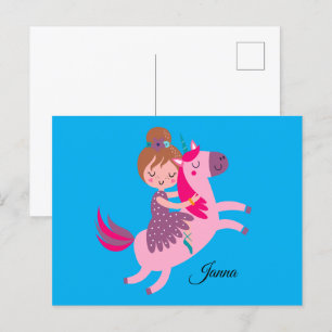 Cute Blondie Haired Girl Riding on a Unicorn Postcard