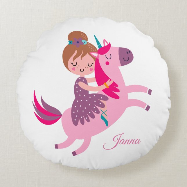 Cute Blondie Haired Girl Riding on a Unicorn Round Cushion (Front)