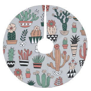Cute Blooming Cactuses: Hand-Drawn Pattern Brushed Polyester Tree Skirt