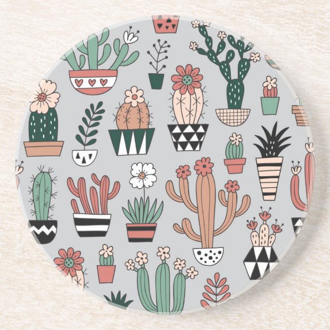 Cute Blooming Cactuses: Hand-Drawn Pattern Coaster (Front)