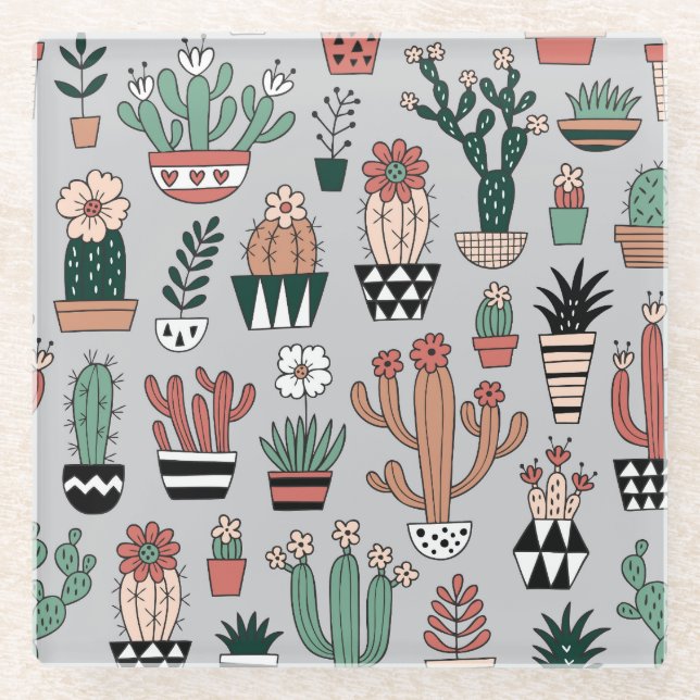 Cute Blooming Cactuses: Hand-Drawn Pattern Glass Coaster (Front)