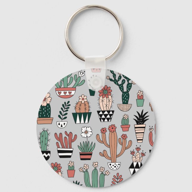Cute Blooming Cactuses: Hand-Drawn Pattern Key Ring (Front)