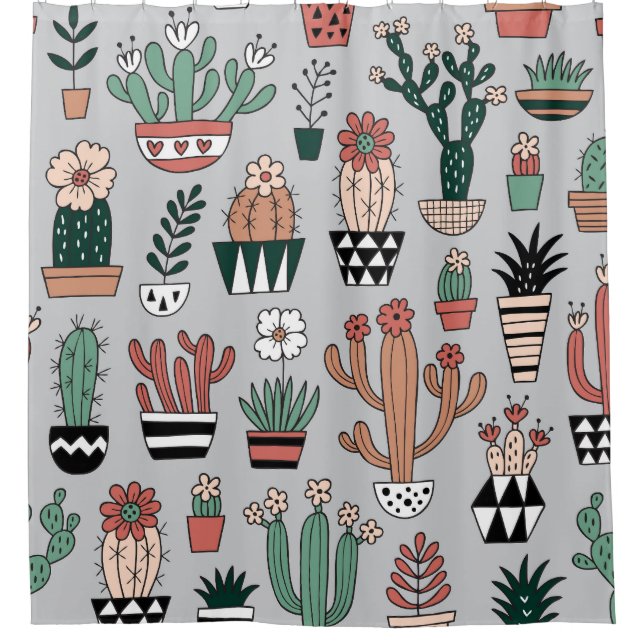 Cute Blooming Cactuses: Hand-Drawn Pattern Shower Curtain (Front)