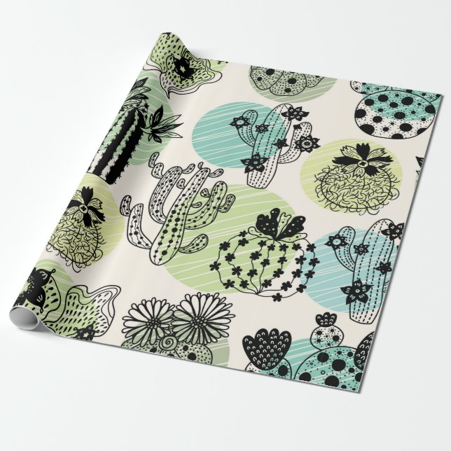 Cute blooming cactuses. Hand drawn seamless patter Wrapping Paper (Unrolled)