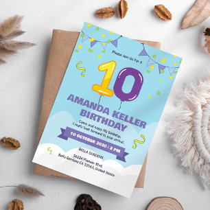 Cute Blue 10th Birthday Invitation