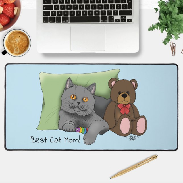 Cute Blue Adorable Grey Best Cat Mum Mother’s Day Desk Mat (Creator Uploaded)