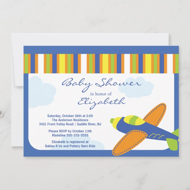 Cute Blue Aeroplane Boy Baby Shower Invitation (Front)